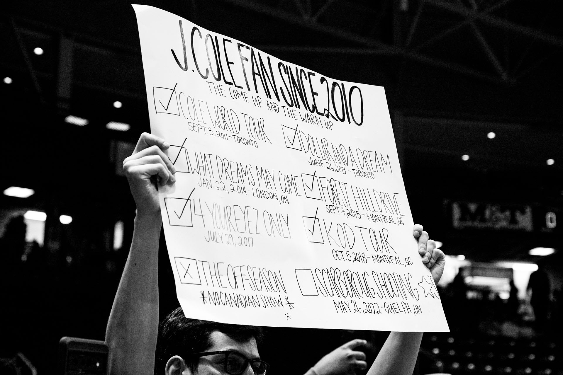 A sign for J. Cole at the Scarborough Shooting Stars game in Guelph