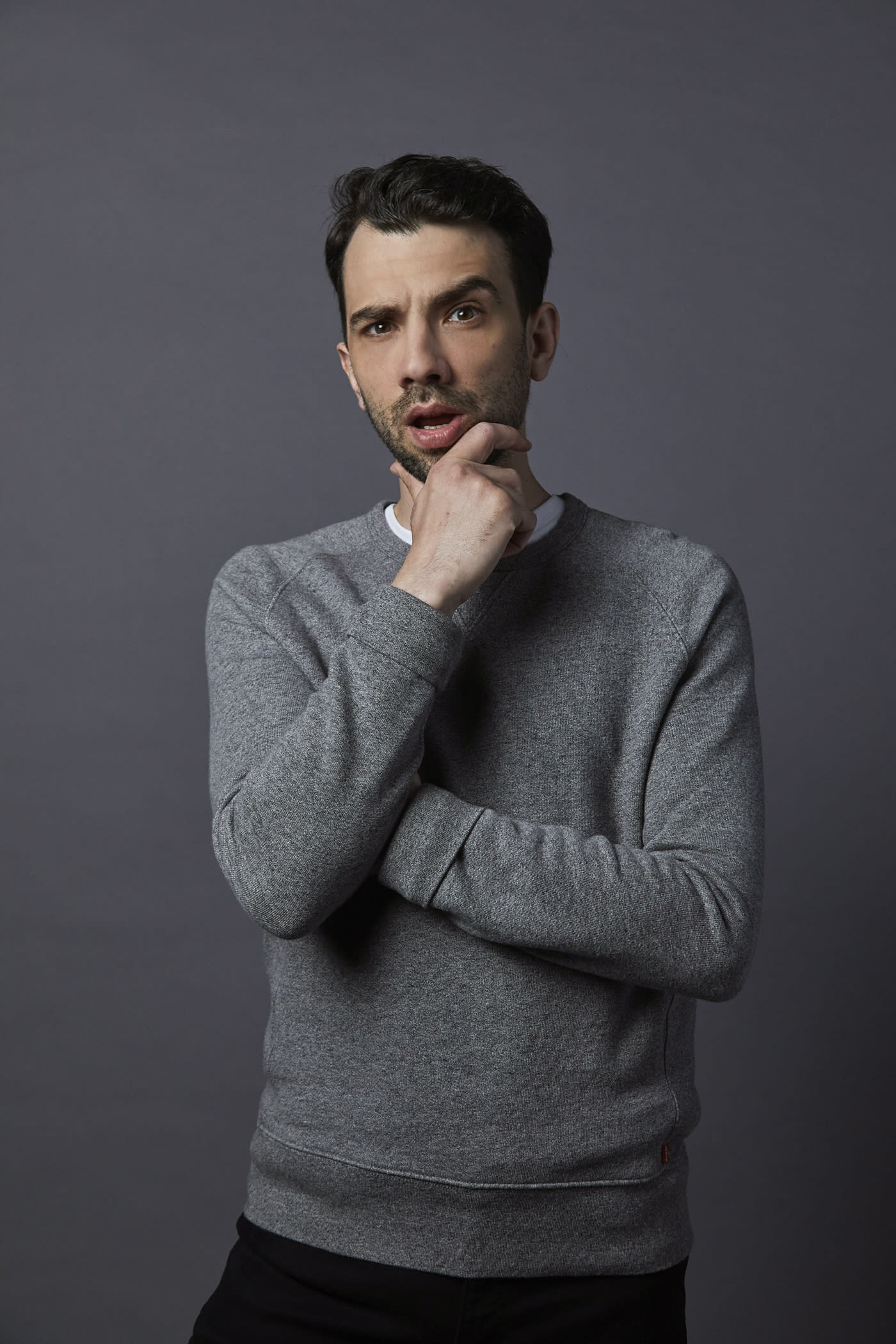 Jay Baruchel poses for his Highly Legal podcast