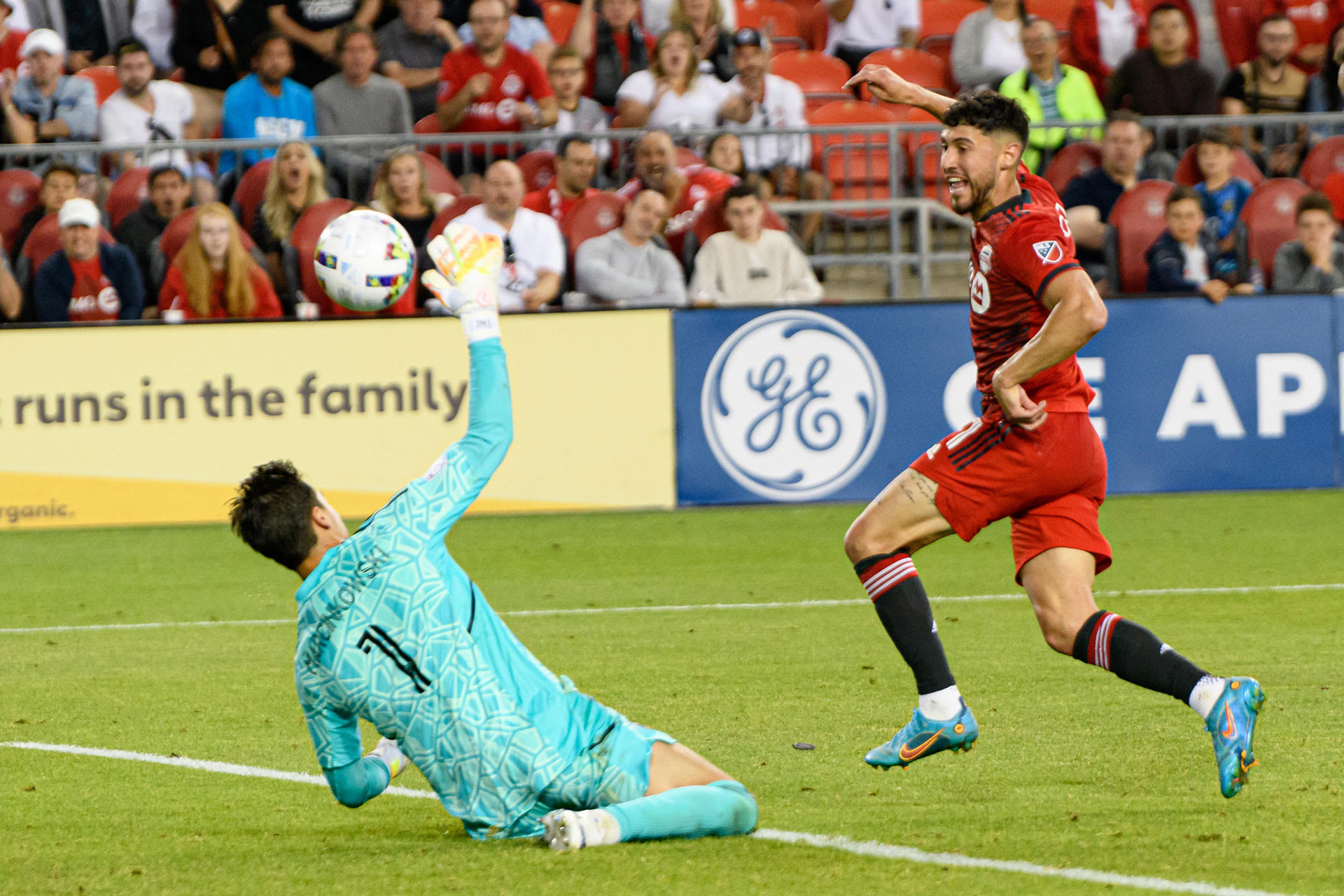 Toronto FC midfielder Jonathan Osorio (21) scores a goal past San Jose Earthquakes goalkeeper JT Marcinkowsk