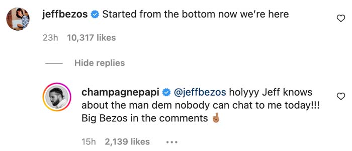 Drake and Jeff Bezos interacting on Instagram
