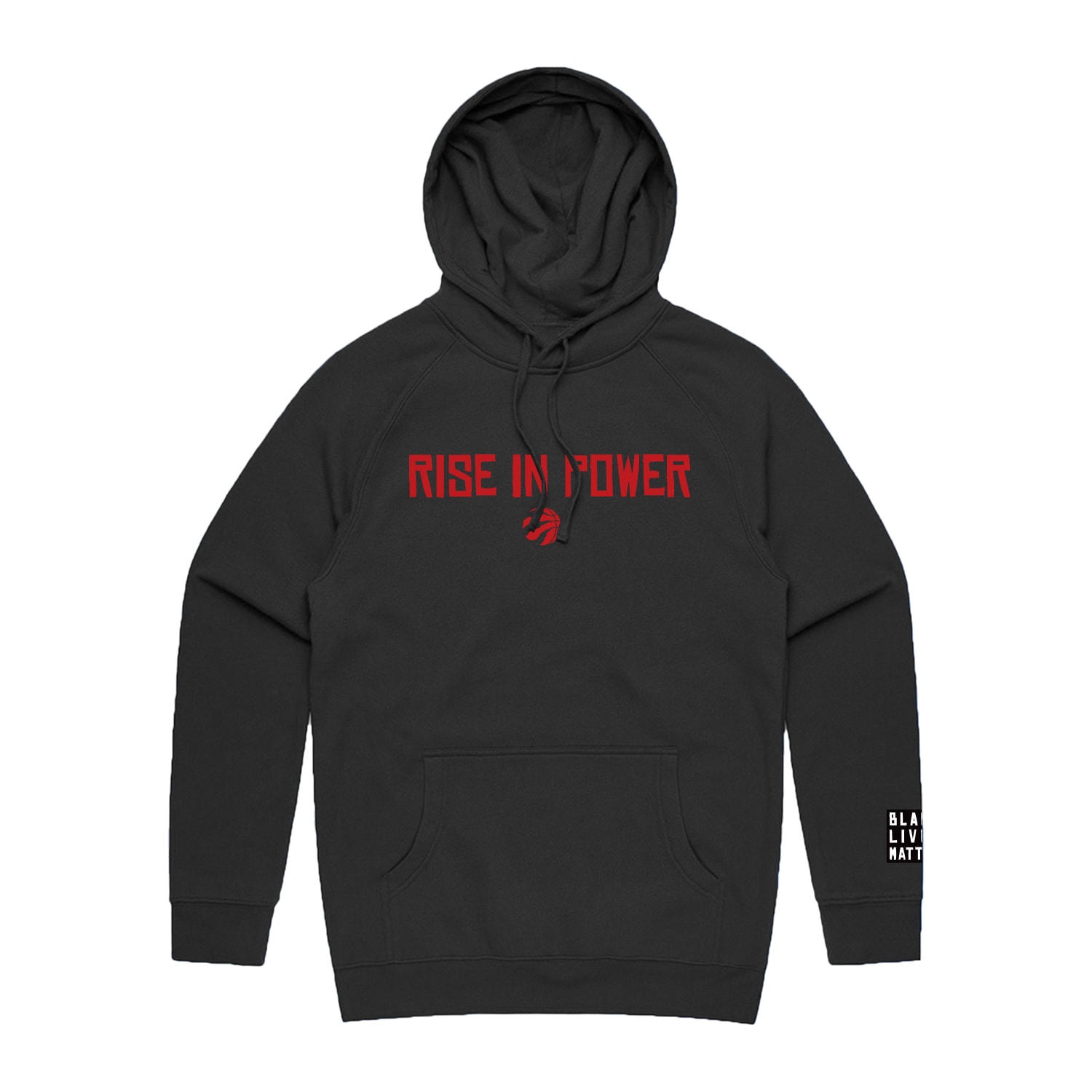 A black hoodie that reads &quot;Rise in Power&quot; in red font.