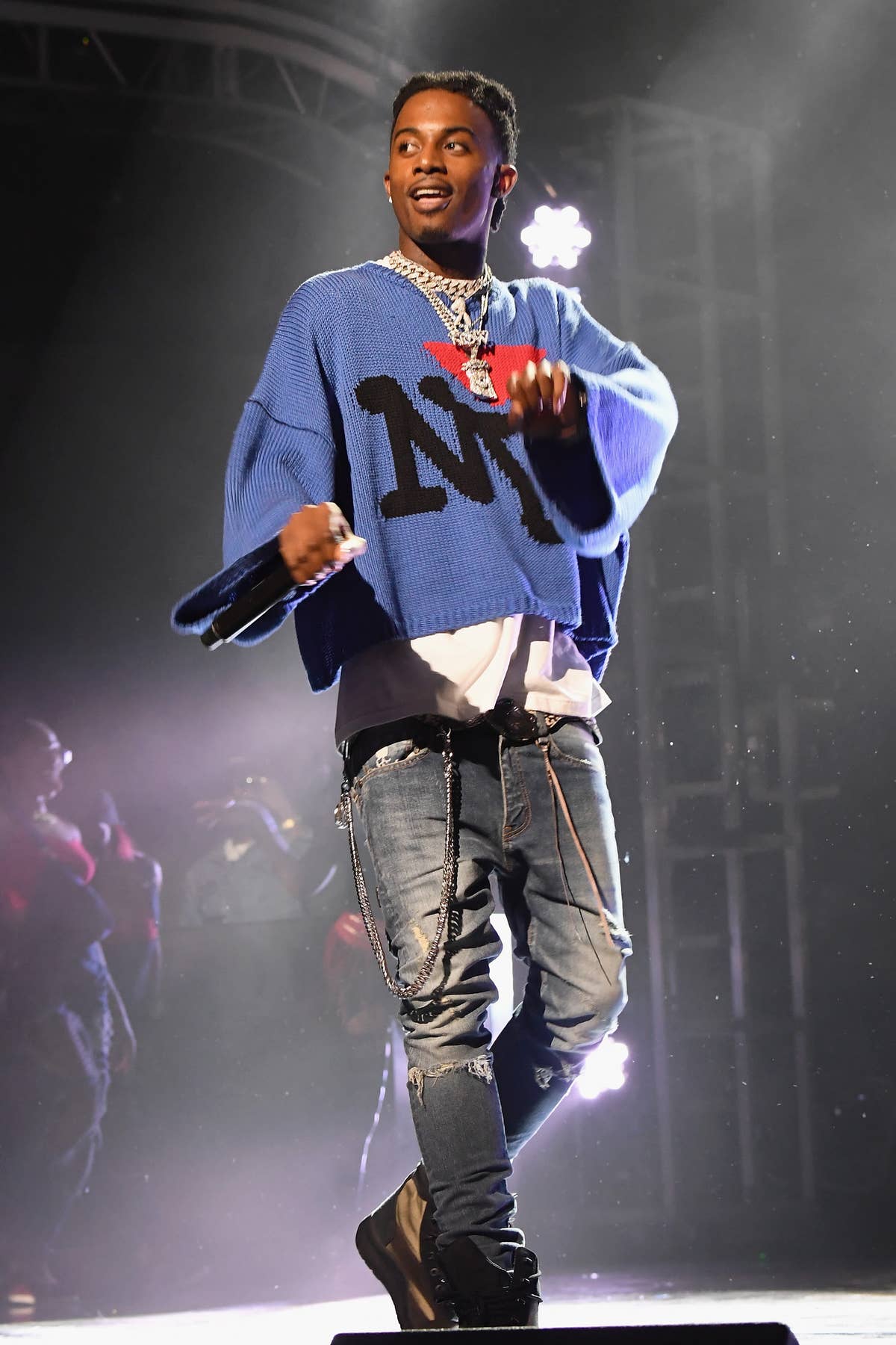 Playboi Carti: Light Blue Jacket And Black Rubber Ankle Boots - Iconic  Celebrity Outfits