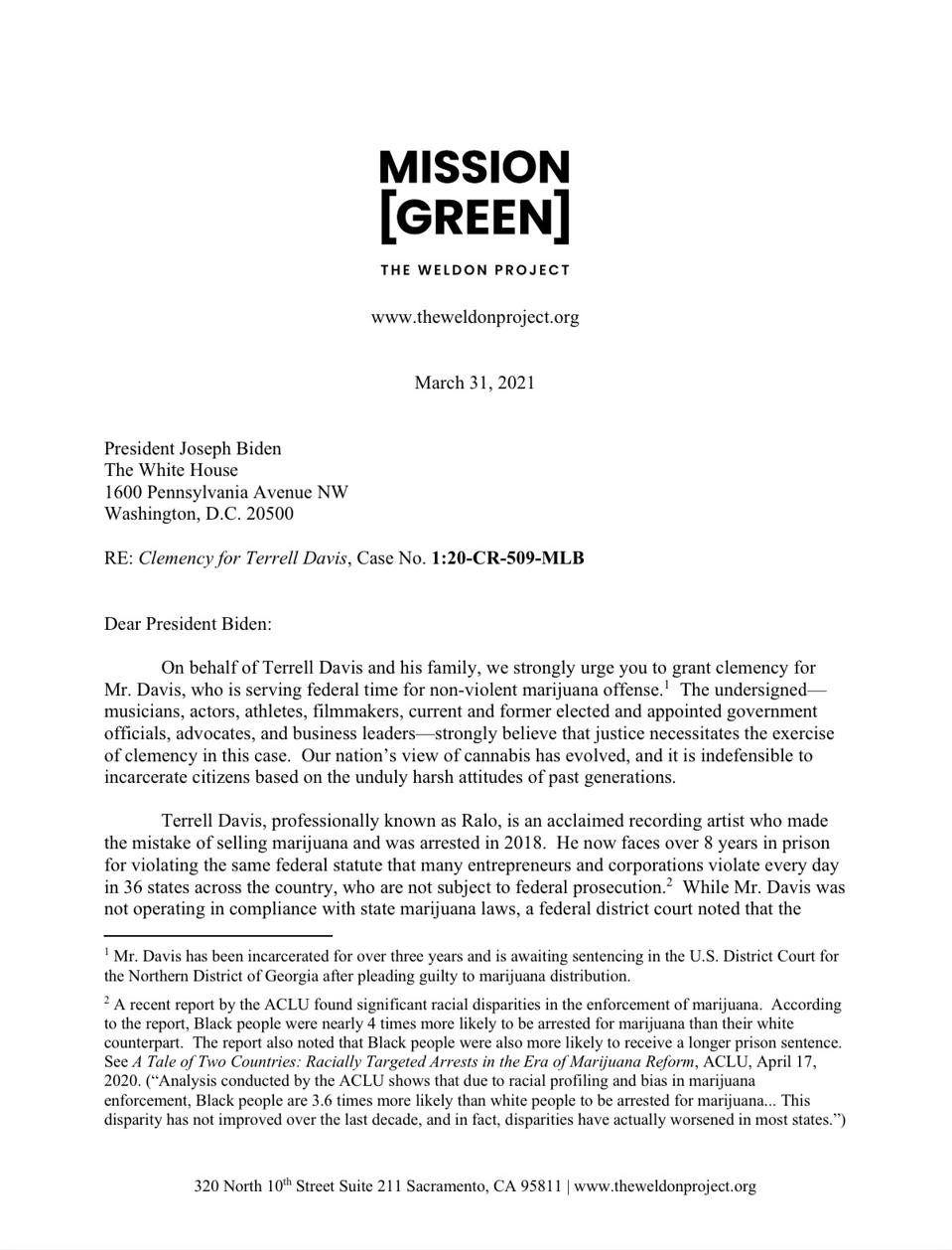 Misson Green&#x27;s letter to Biden on Ralo&#x27;s behalf