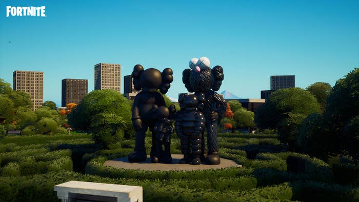 A screenshot from the Kaws New Fiction Fortnite Exhibit.