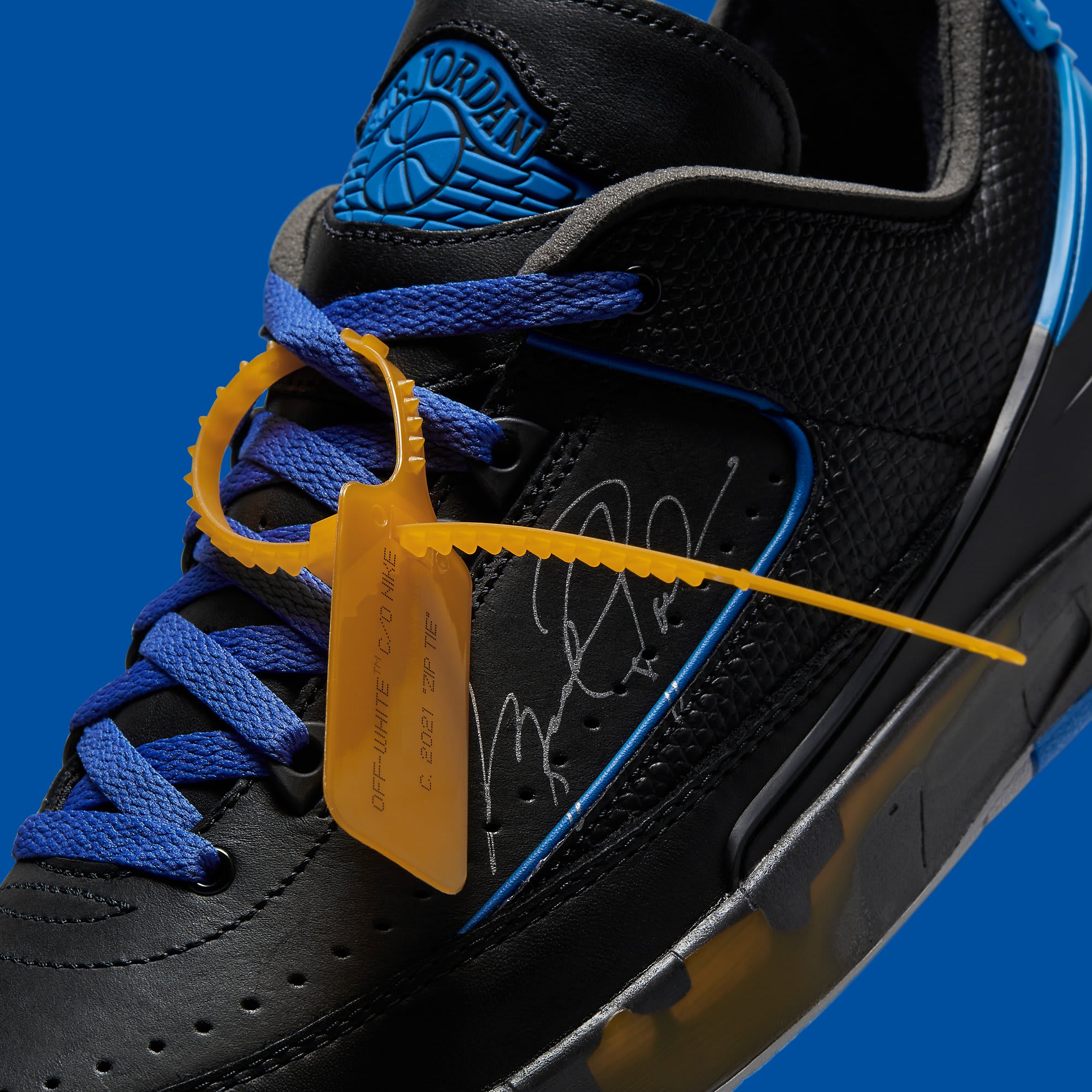 Off-White x Air Jordan 2 II Low Black Varsity Royal Release Date DJ4375-004 Lace Detail