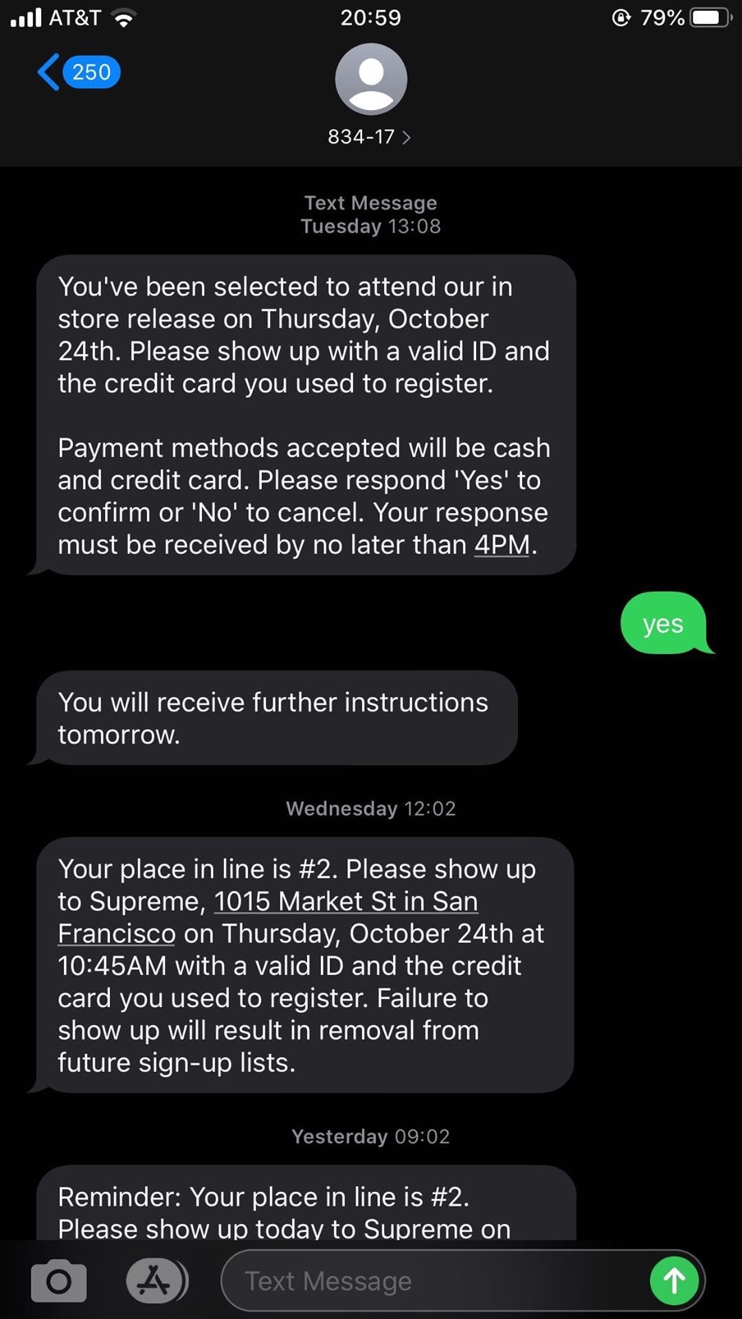 Supreme San Francisco Customer One Text Message Line Registration