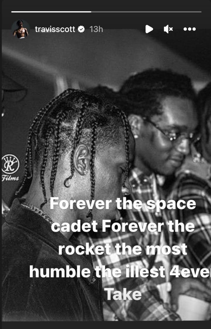 travis scott reacts to news of Takeoff&#x27;s death on IG.