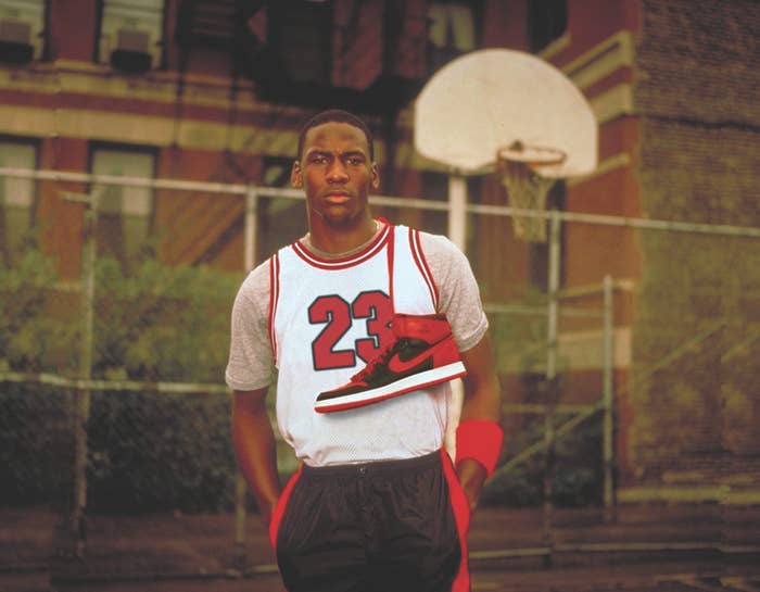 Michael Jordan with the black and red Air Jordan 1 from 1985