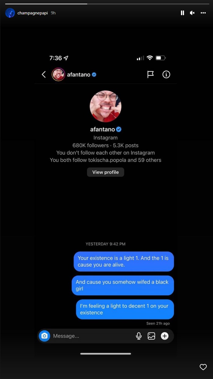 Drake sharing a screenshot of his DMs with YouTuber Anthony Fantano