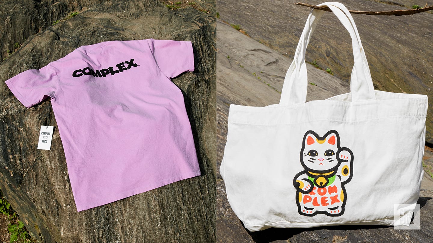 Nigo&#x27;s Complex logo remix and Maneki-Neko graphic and merch for 20th birthday