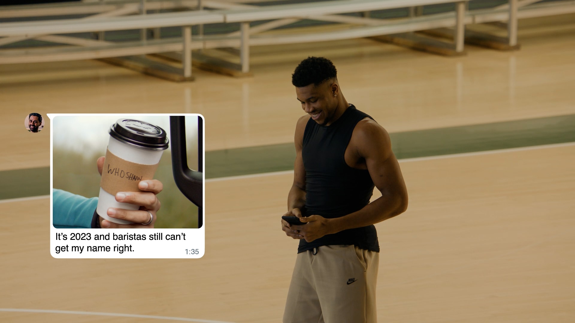 Picture of Giannis Antetokounmpo using WhatsApp in new commercial