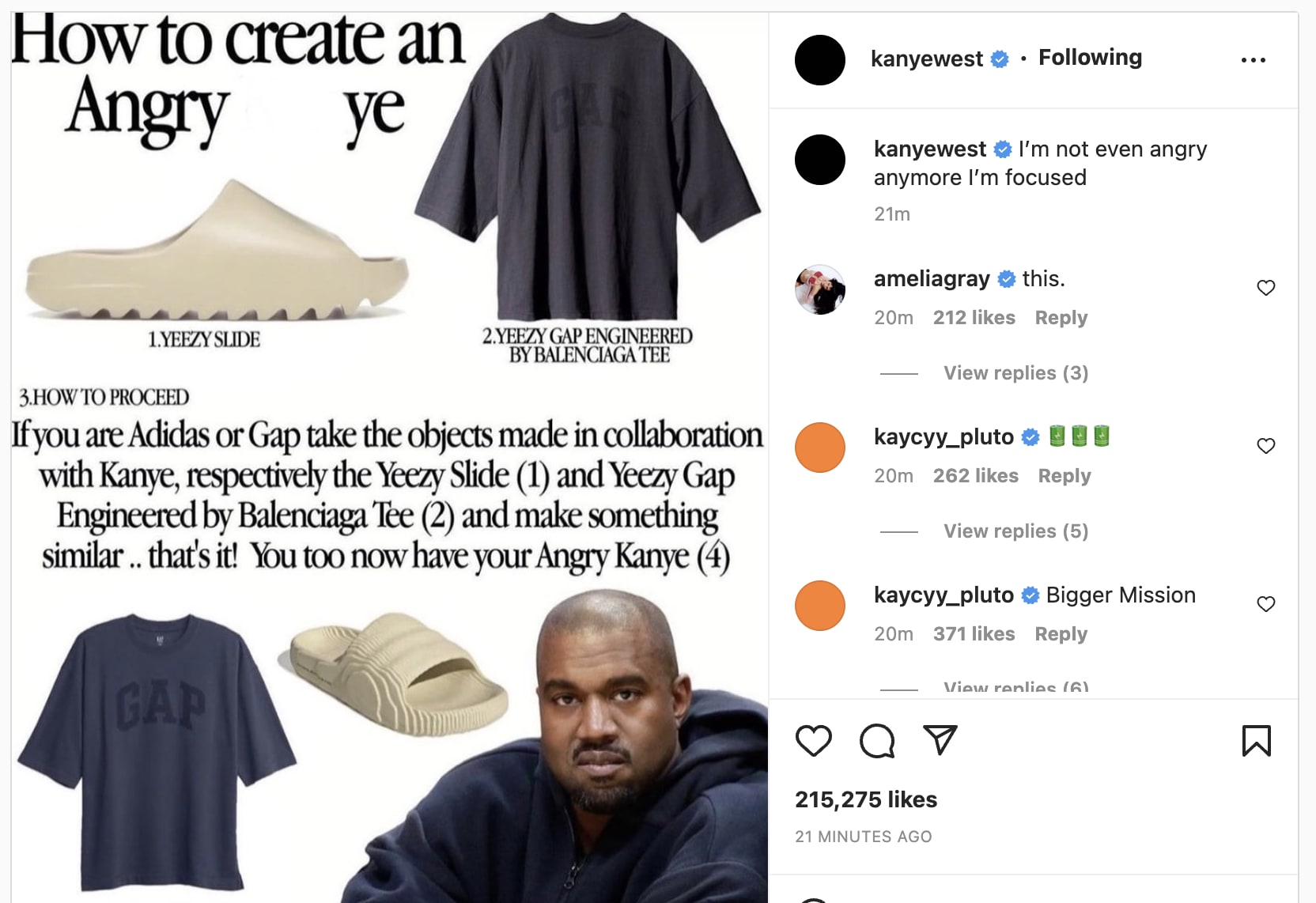 kanye west is angry at Gap and Adidas, shares post on IG