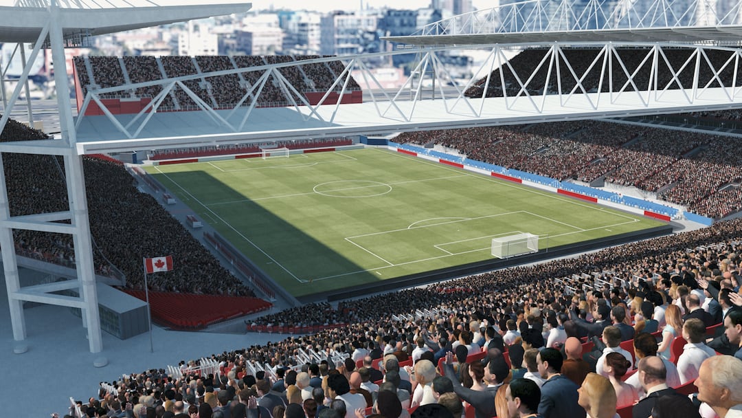 A virtual render of BMO Field with expanded seating