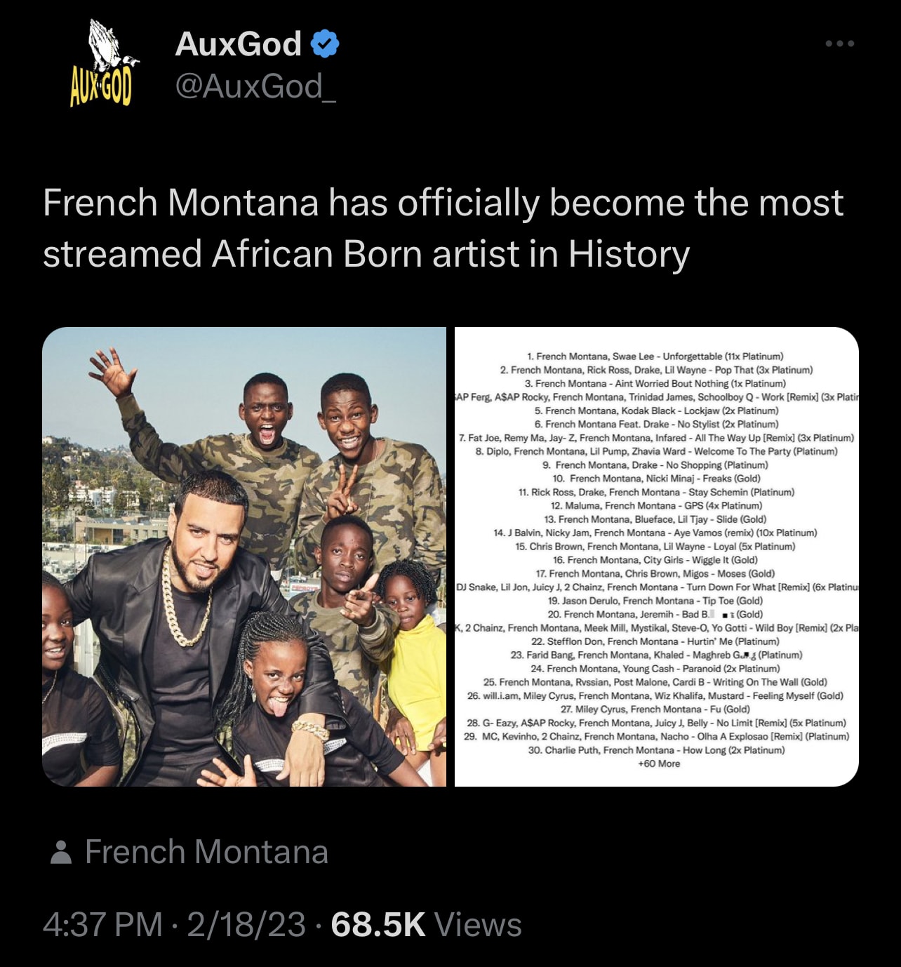Twitter post showing french montana streaming feat
