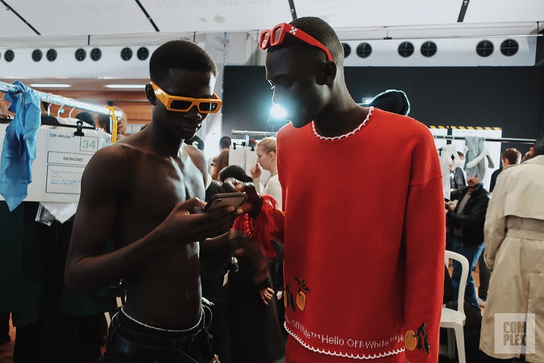 Complex Backstage with Models at Off White Fall/Winter 2020 Runway