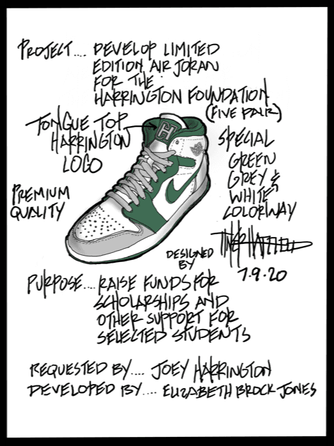 Tinker Hatfield&#x27;s design sketch for the Air Jordan 1 Harrington Family Foundation