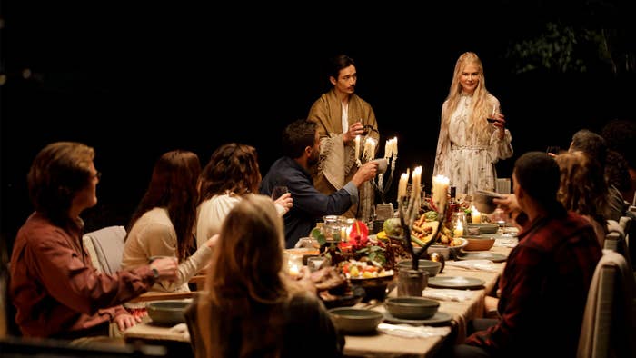 The cast of Nine Perfect Strangers eating dinner