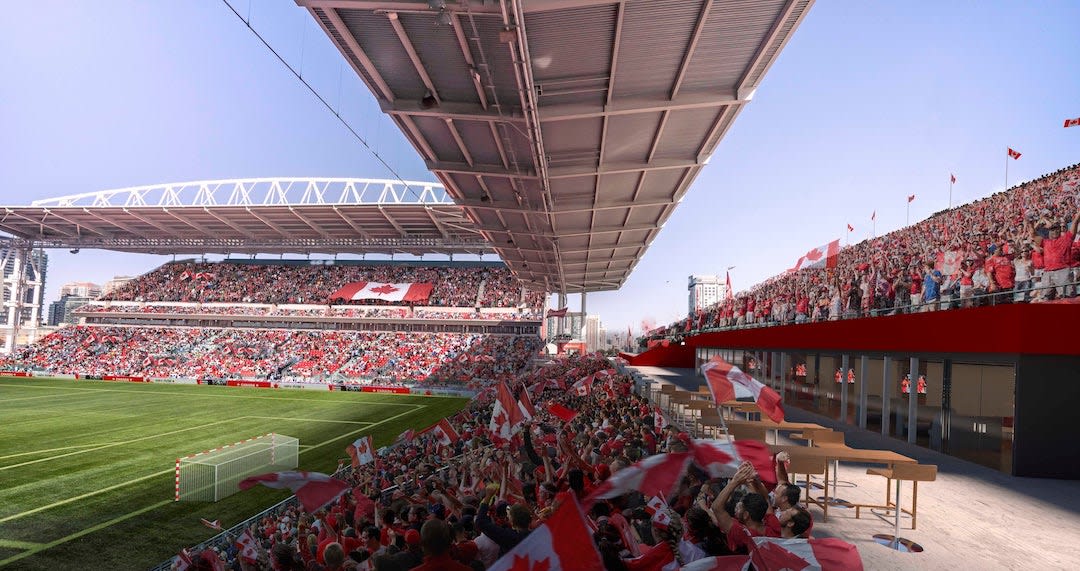A rendering of people holding Canadian flags in the crowd at BMO Field
