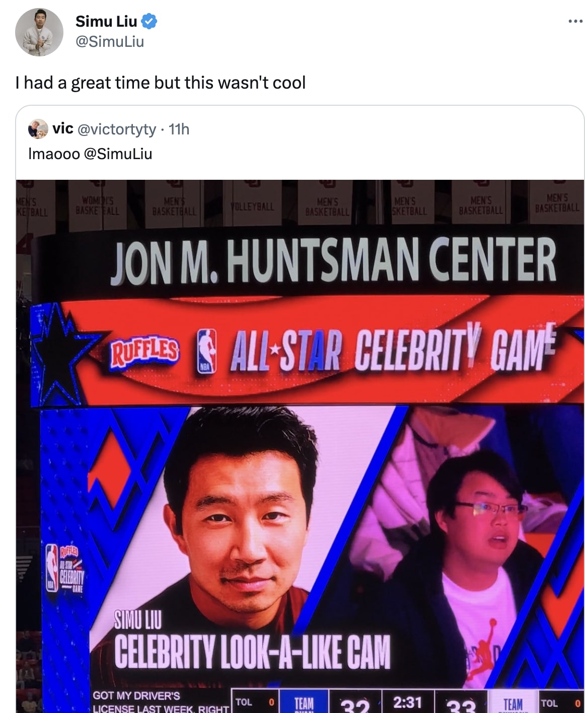 picture of Simu Liu featured in celeb look-a-like-cam segment at celeb all star game in Utah