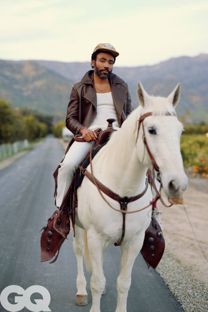 Donald Glover riding horse in GQ photo shoot