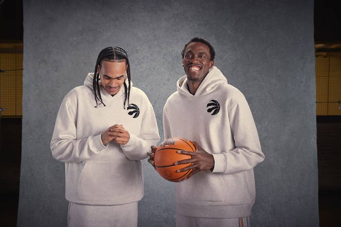 Dalano Banton and Pascal Siakam wearing The Bay x Raptors collection