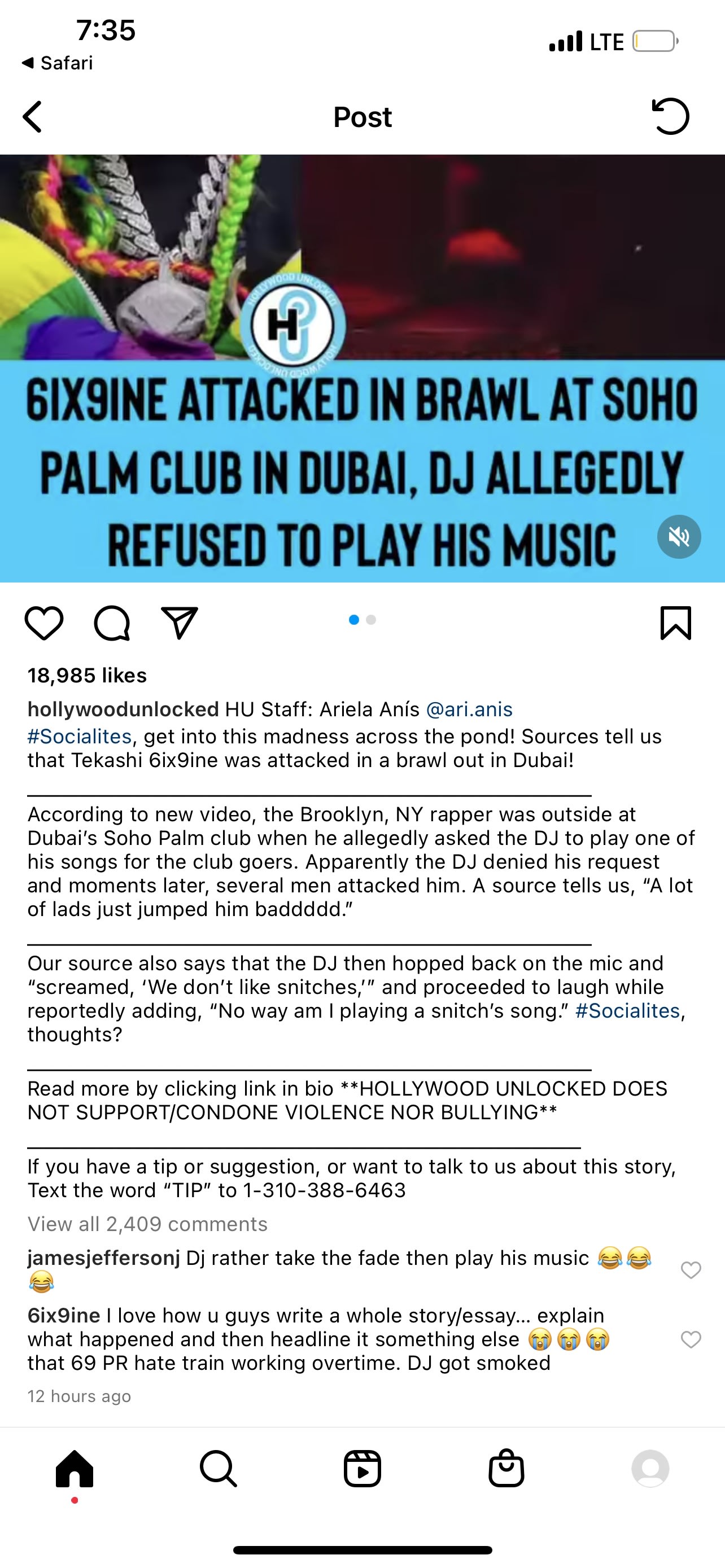 6ix9ine comments on Hollywood Unlocked&#x27;s IG post