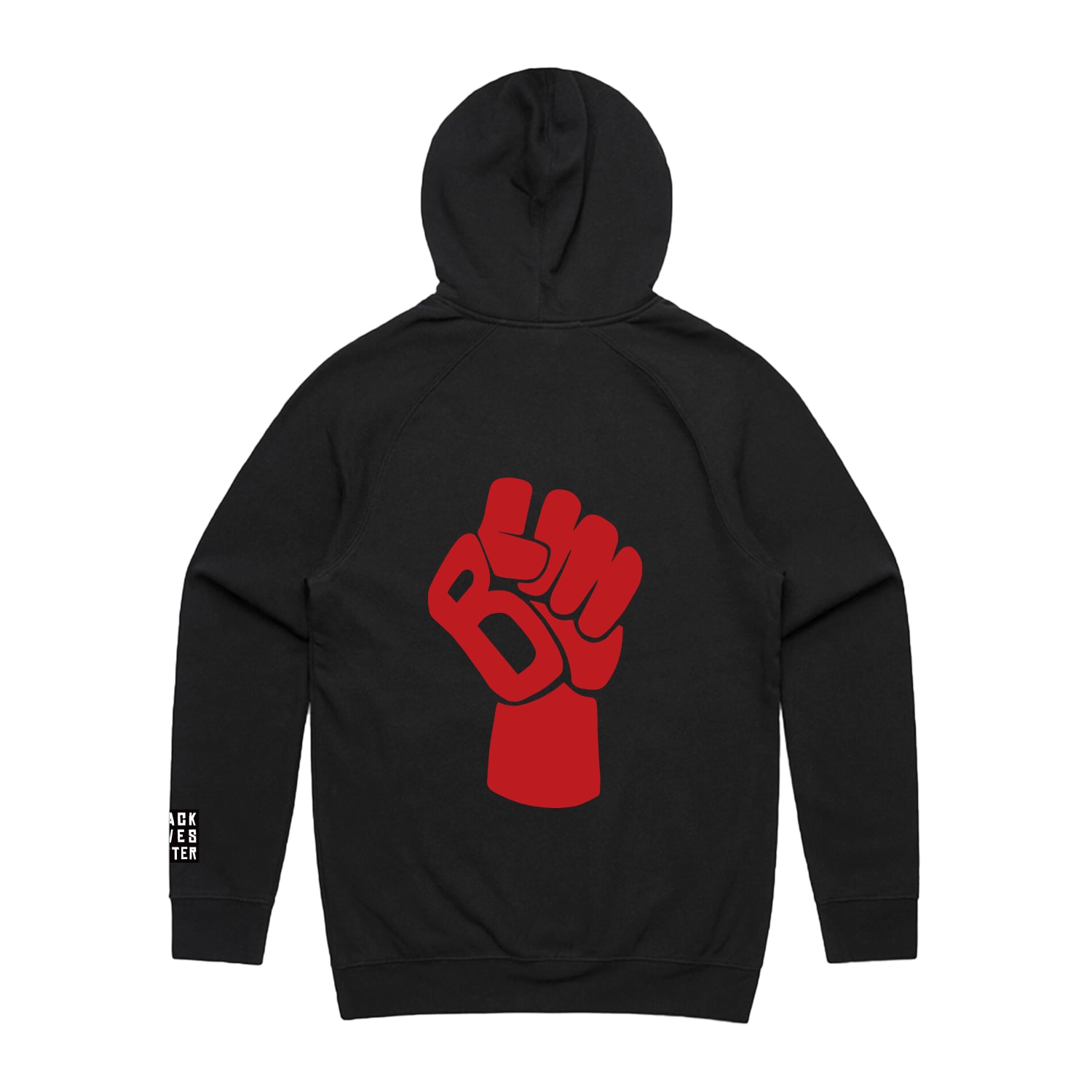 The back of a Raptors hoodie, with a red fist that reads &quot;BLM&quot;.