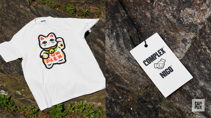 Nigo's Complex logo remix and Maneki-Neko graphic and merch for 20th birthday