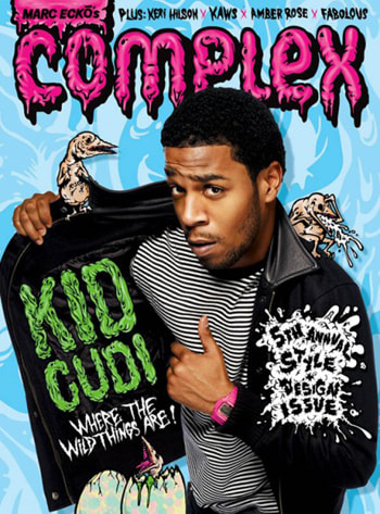Complex Magazine with Kd Cudi on the cover holding open a leather jacket with additional  illustrations