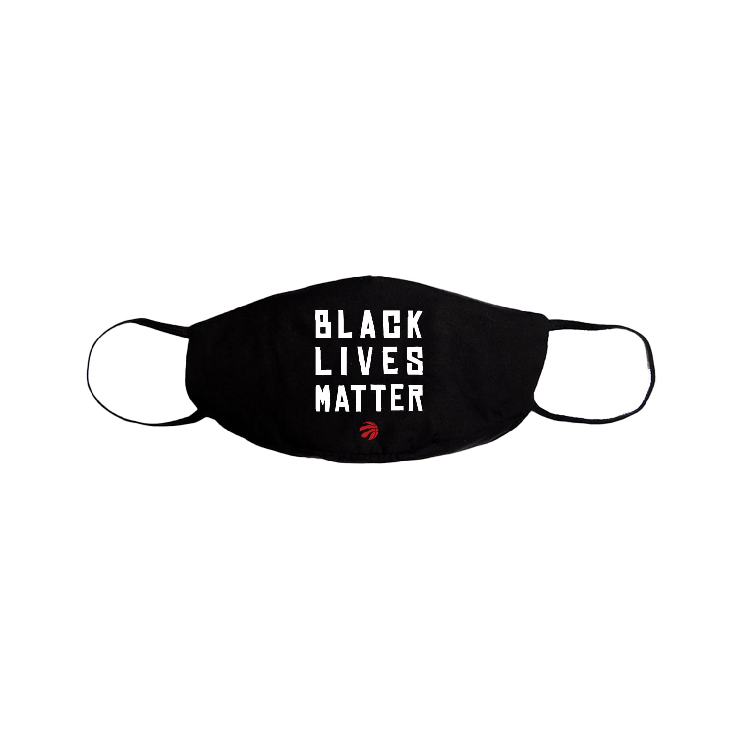 A black face mask with &quot;Black Lives Matter&quot; in white text, with a Raptors logo underneath the text.