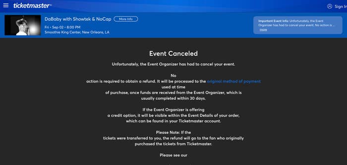 DaBaby ticket master show in New Orleans postponed
