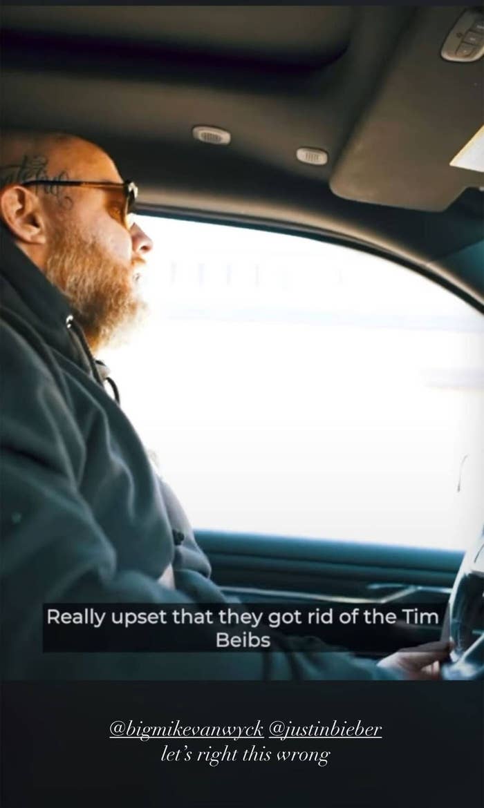 Mike Van Wyck driving with the captions &quot;Really upset that they got rid of the Tim Biebs&quot; &quot;@bigmikevanwyck @justinbieber let&#x27;s right this wrong&quot;