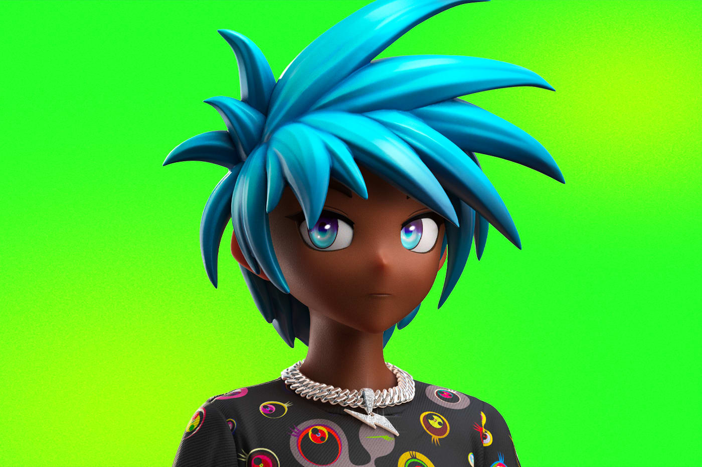 An avatar with blue hair is shown.