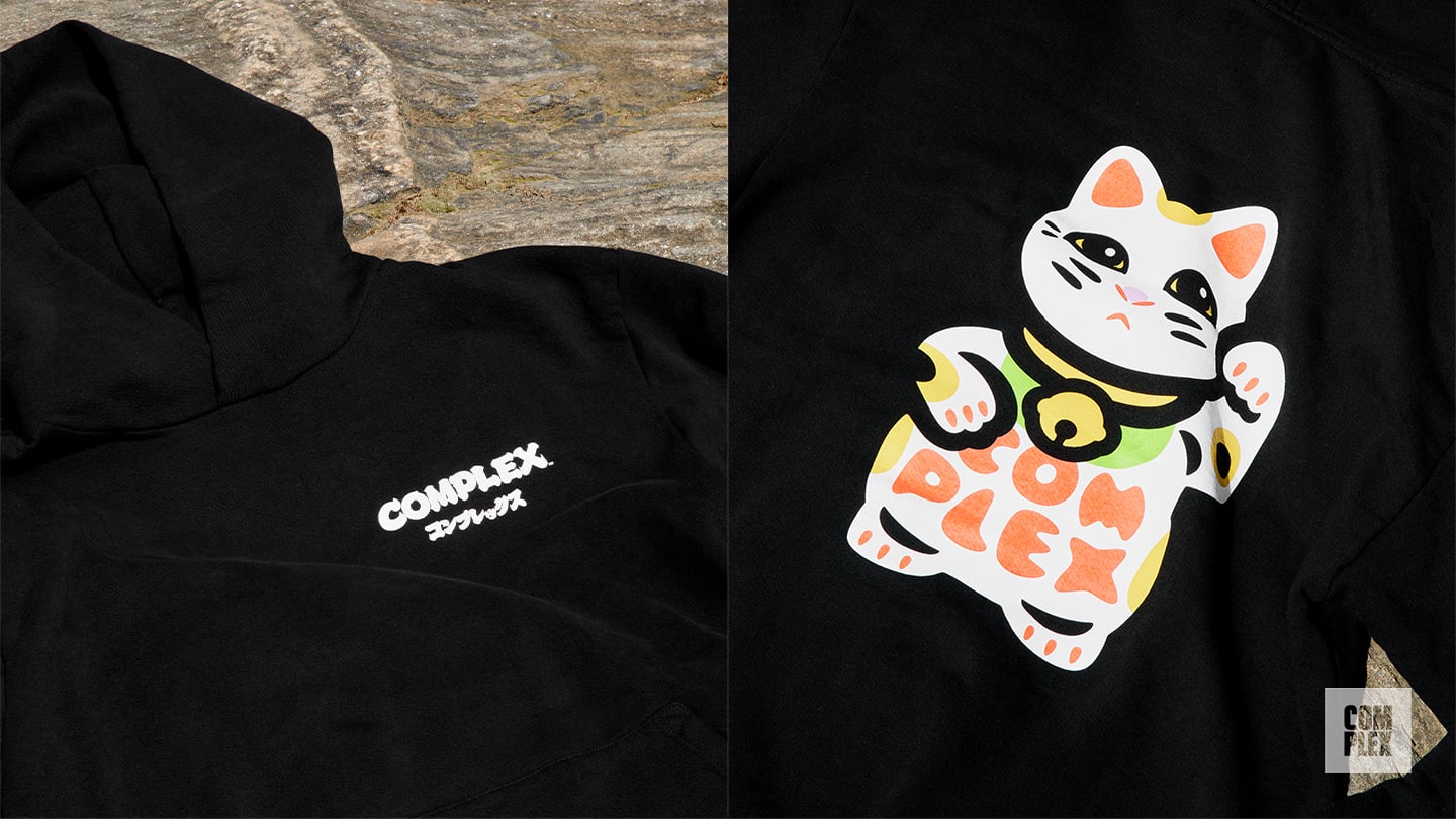 Nigo&#x27;s Complex logo remix and Maneki-Neko graphic for 20th birthday