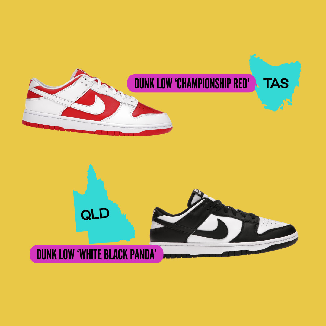 Dunk Low Championship Red and Dunk Low White Black/Panda against a yellow background