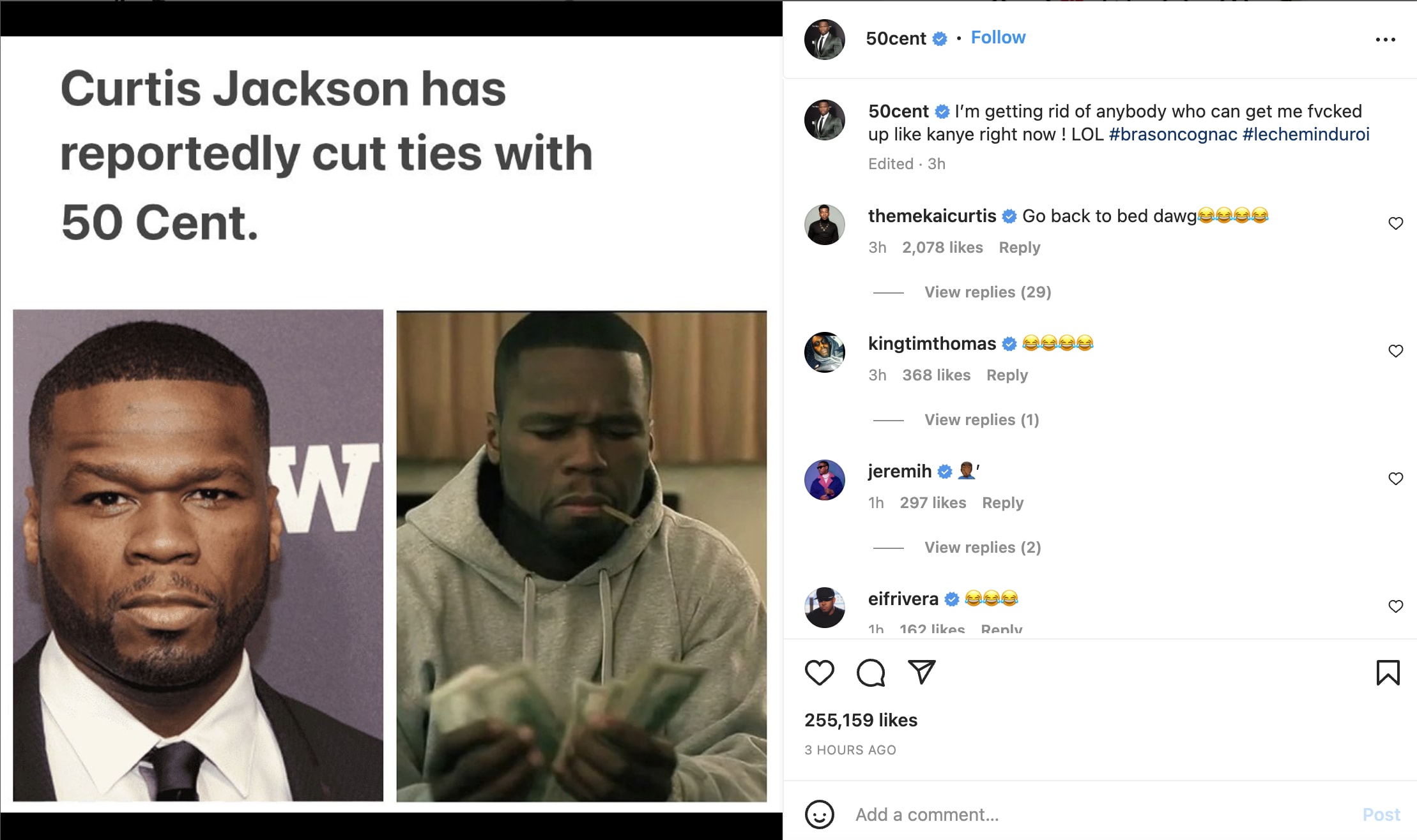A screenshot of a post 50 Cent shared on Instagram