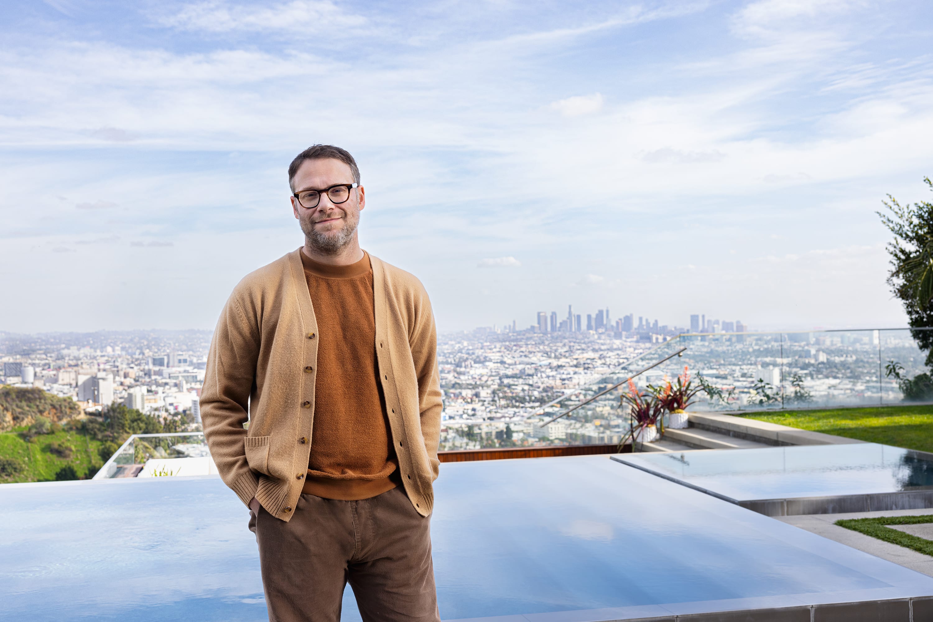 Seth Rogen outdoors at a Houseplant space