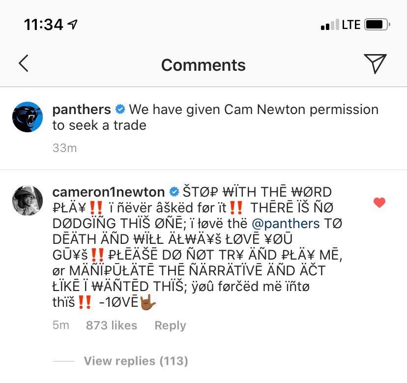 Cam Newton responds to Panthers&#x27; IG
