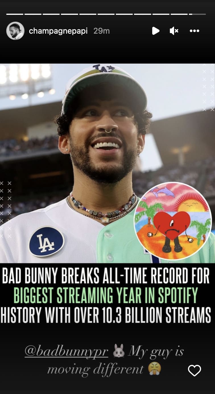 Screenshot of Drake&#x27;s Instagram Story congratulating Bad Bunny on Spotify record.