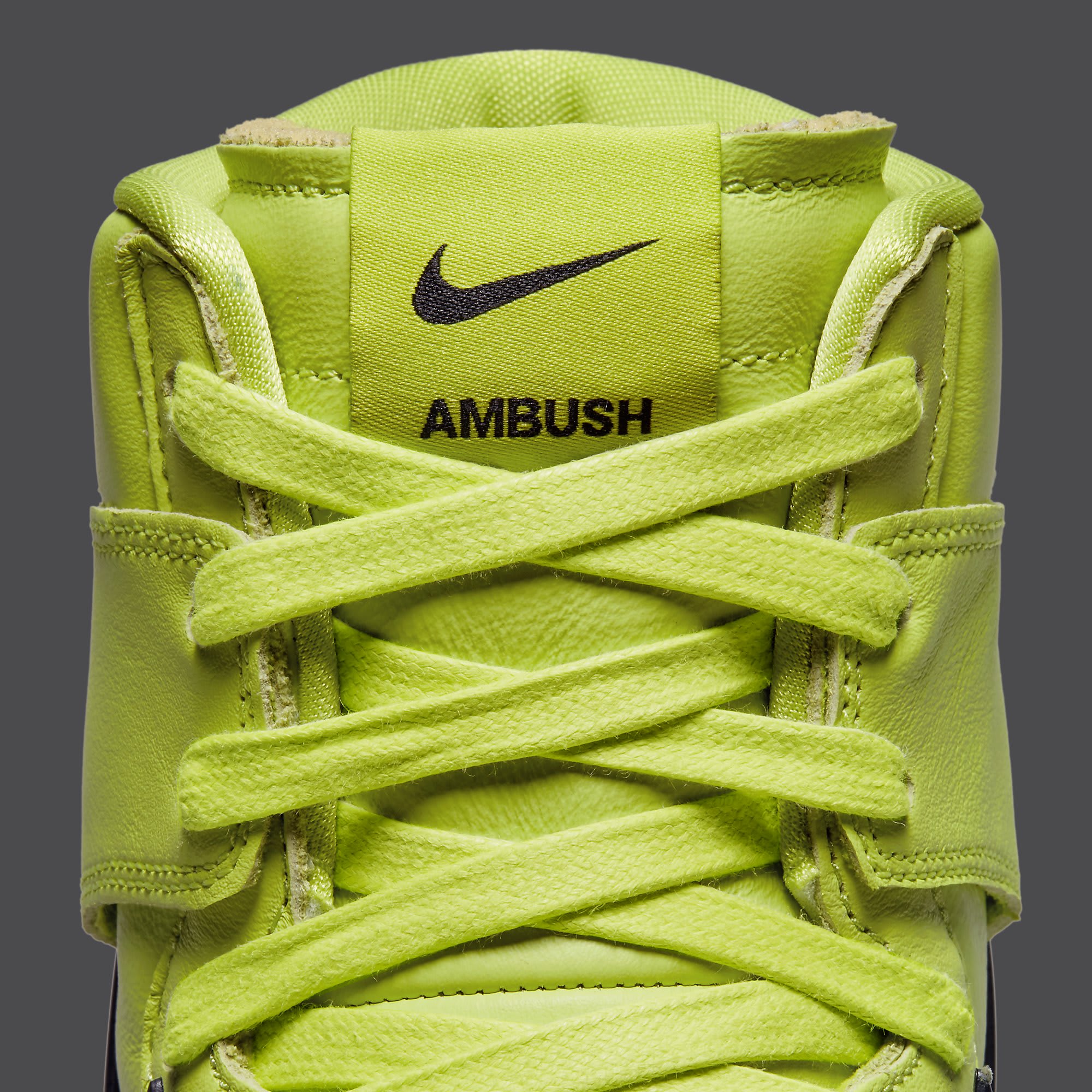 Ambush x Nike Dunk High Atomic Green Release Date CU7544-300 Tongue