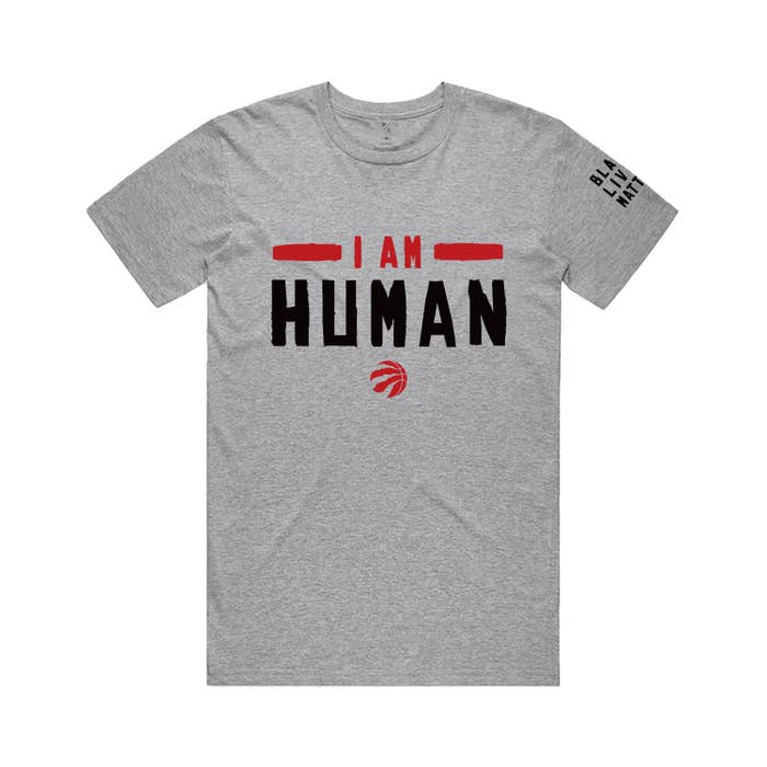 A grey shirt that reads &quot;I am human&quot;, with &quot;Black Lives Matter&quot; on the right sleeve.