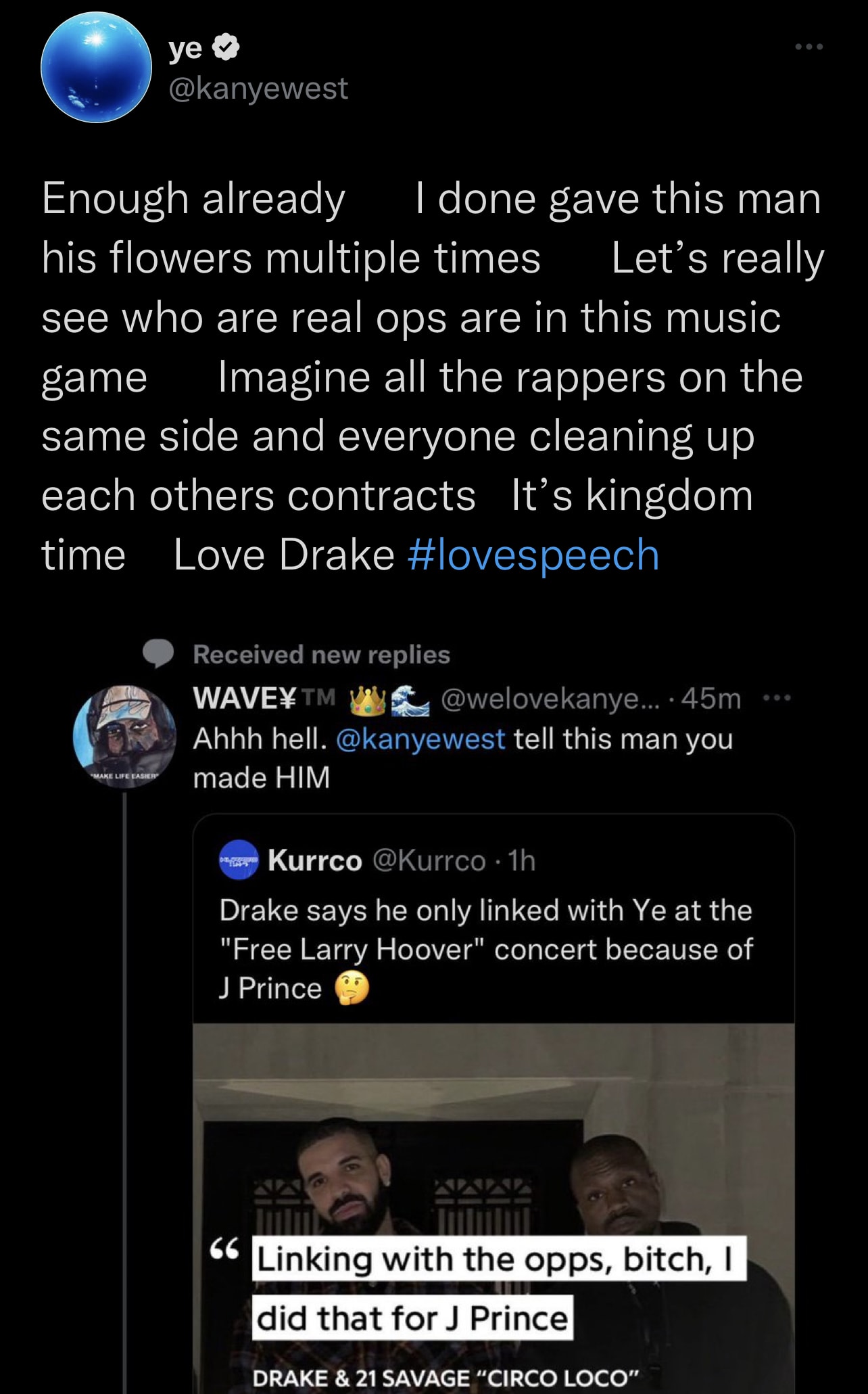 Ye is seen tweeting about Drake lyrics
