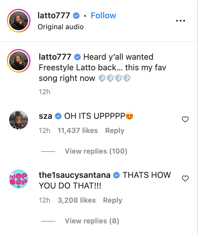 SZA&#x27;s comment on Latto&#x27;s Instagram