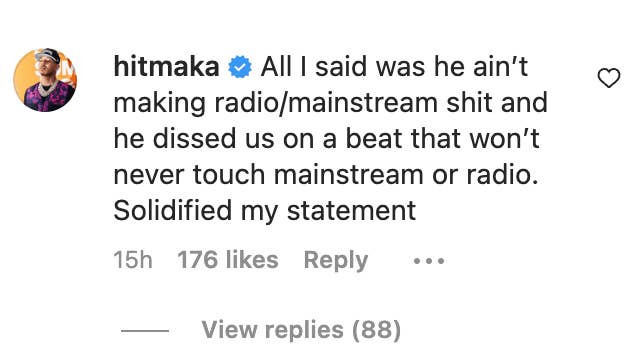 A comment from Hitmaka on Instagram