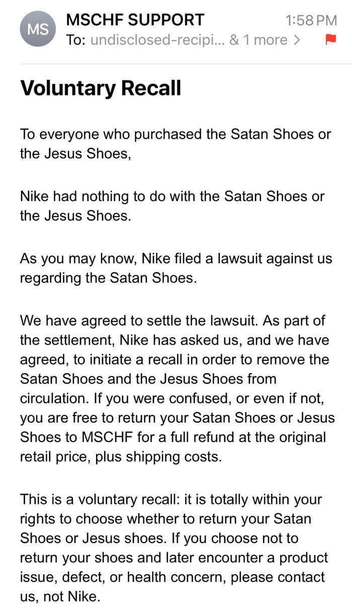 MSCHF Satan Shoes Recall Email