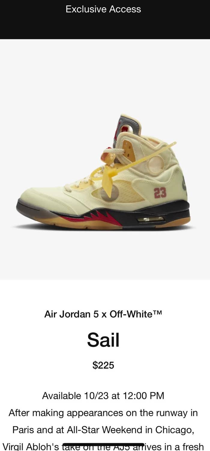SNKRS Is Releasing the 'Sail' Off-White x Air Jordan 5 Early