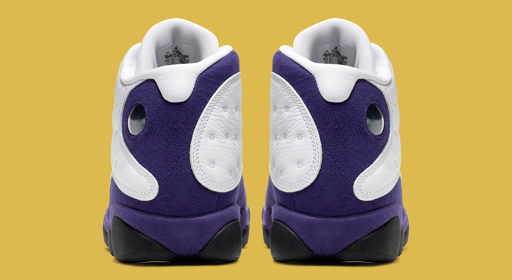 Air Jordan 13 &#x27;Lakers&#x27; White/Black/Court Purple/University Gold 414571-105 (Heel)