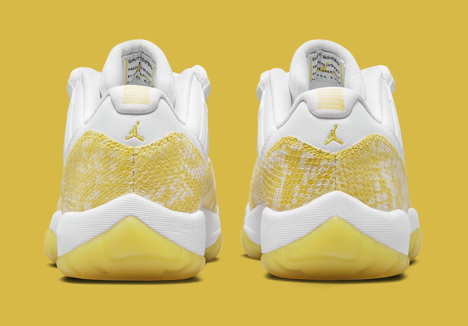 Air Jordan 11 Low Women&#x27;s &#x27;Yellow Snakeskin&#x27; AH7860 107 Heel