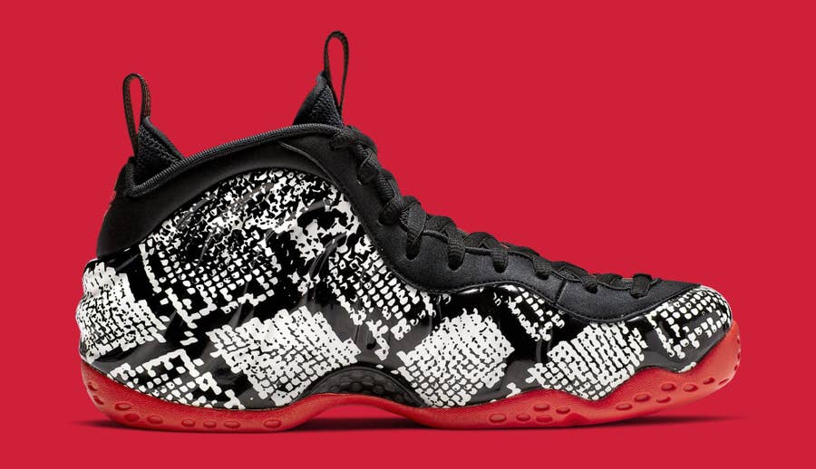 Red black and discount white snakeskin foamposites