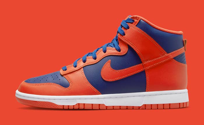 Orange and blue 2025 high top nike dunks